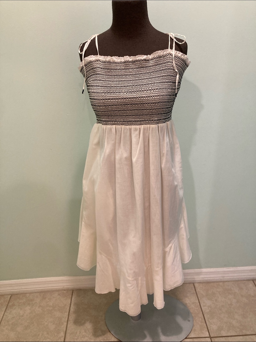 Smocked Bodice White Sundress with Navy Detail
